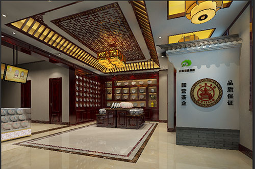 天心古朴典雅的中式茶叶店大堂设计效果图